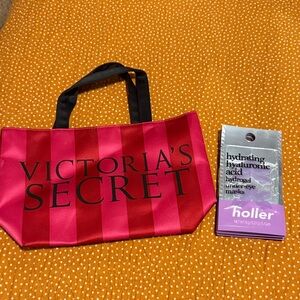 Victoria's Secret Pink and Red Striped Logo Tote with Black Handles with Bonus!